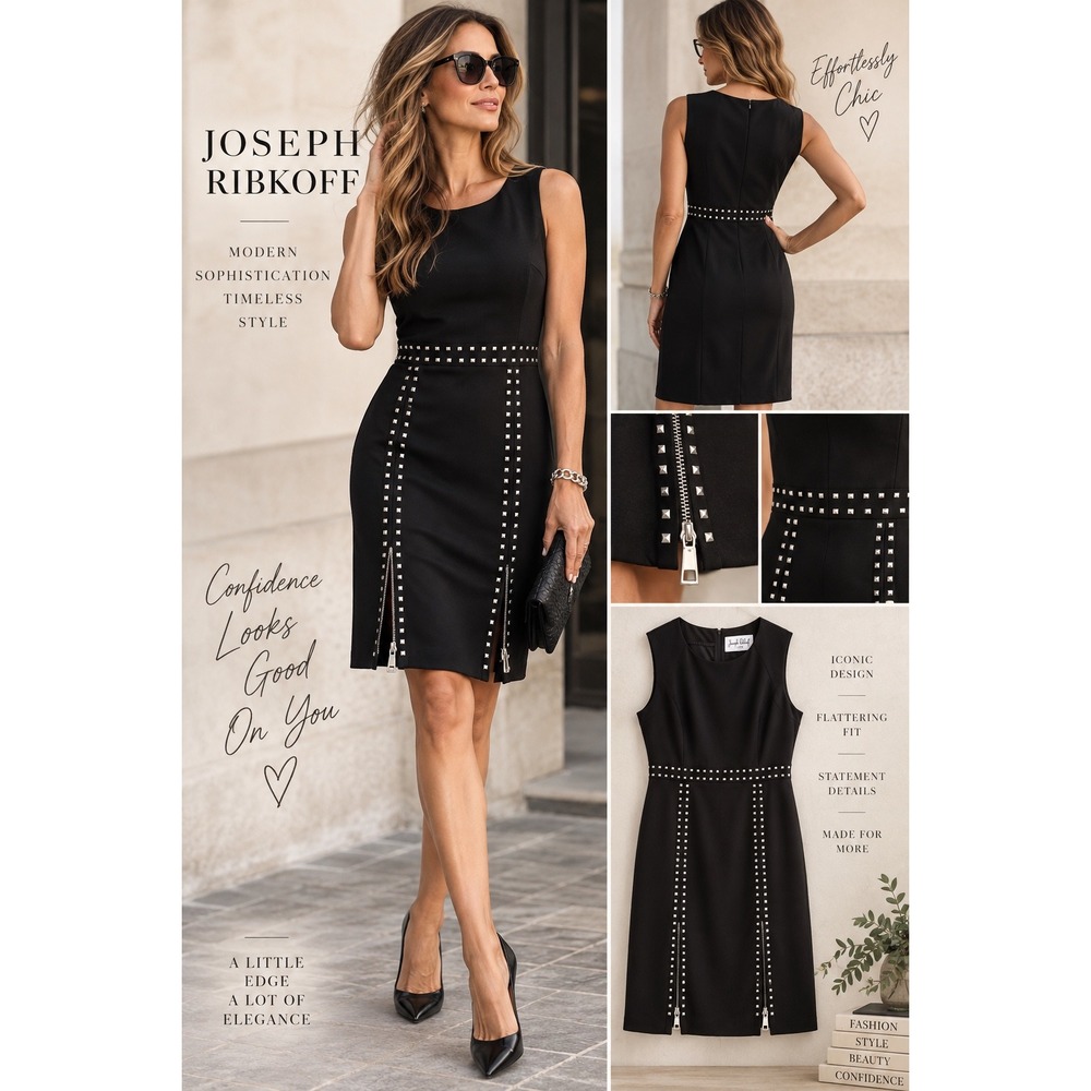 Joseph Ribkoff Black Studded Zip Dress Size 14 Moto Rock Chic